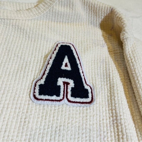 Varsity Letter A Cropped Waffle Knit Sweater Cream - Picture 3 of 4